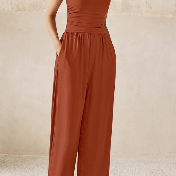 One Piece Jumpsuits for Women Dressy Casual Sleeveless Crewneck Wide Leg Rompers - Picture 8 of 8
